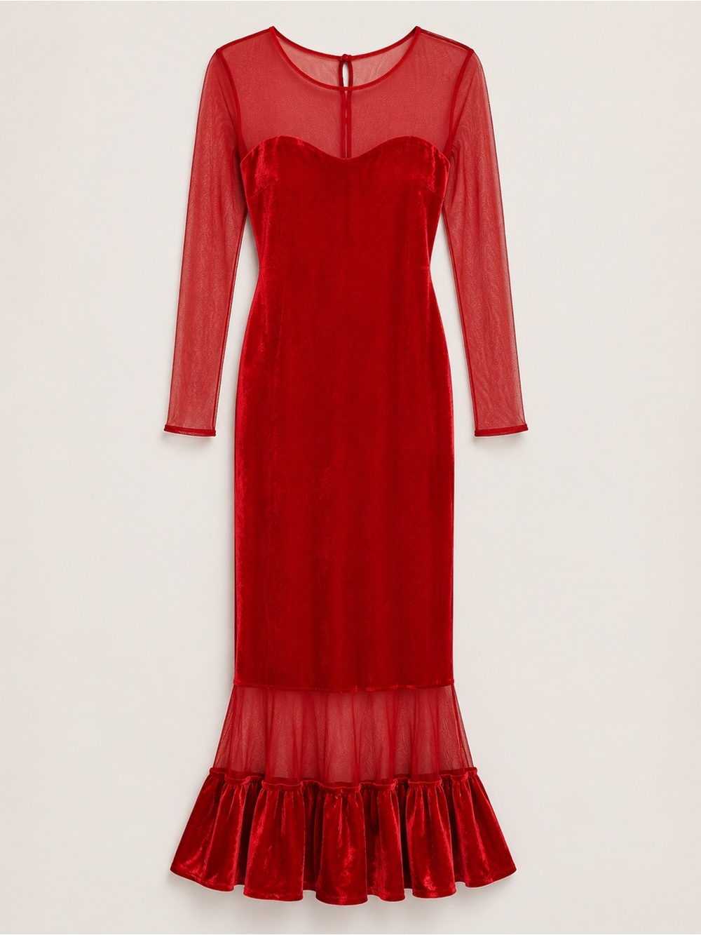 BDN Red Velvet Maxi Dress with Sheer Long Sleeves Size M
